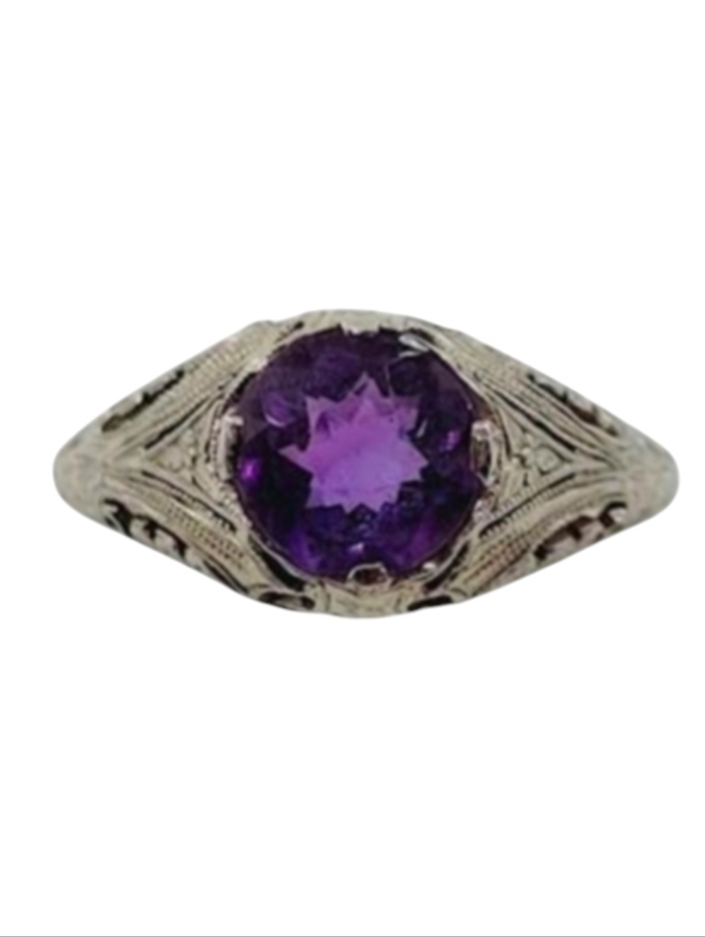18k Solid White Gold 1930's Orange Blossom Amethyst Round Art Deco Ring Size 6.5